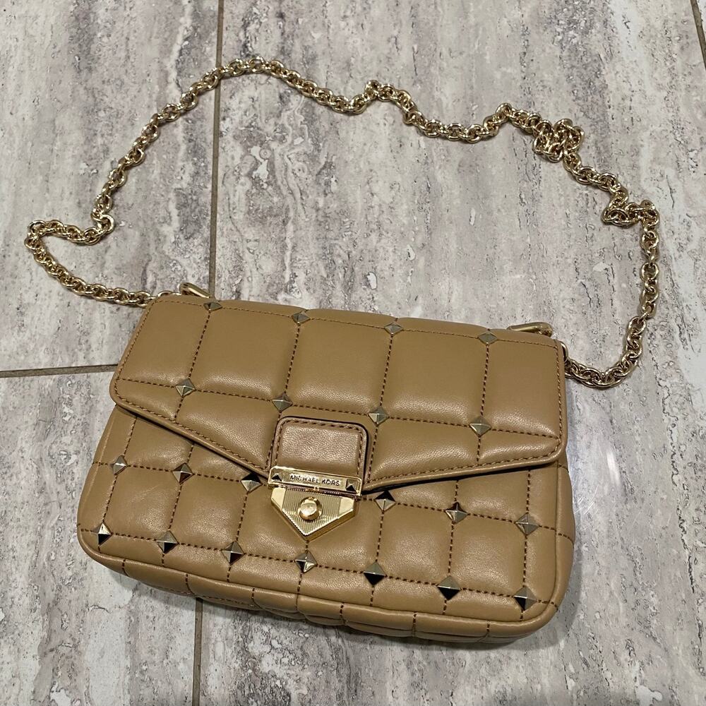 NWT Michael Kors Soho Chain Quilted Leather Camel/Gold Small Shoulder Bag